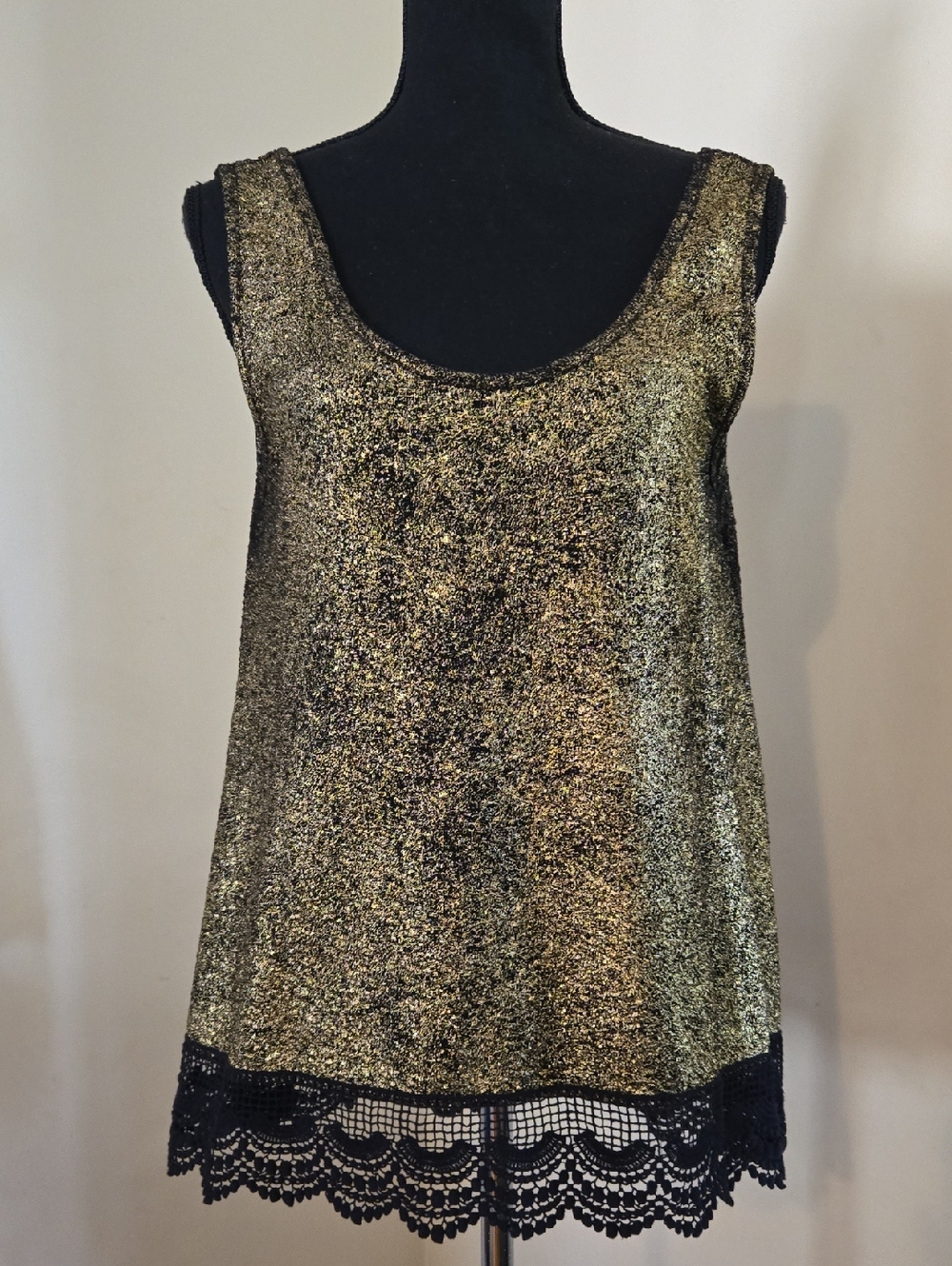 Charming Charlie Gold Metallic Tank with Black Lace Hem